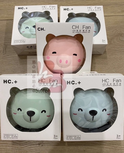 Quạt theo gương 3in1 hình GẤU- HEO hồng