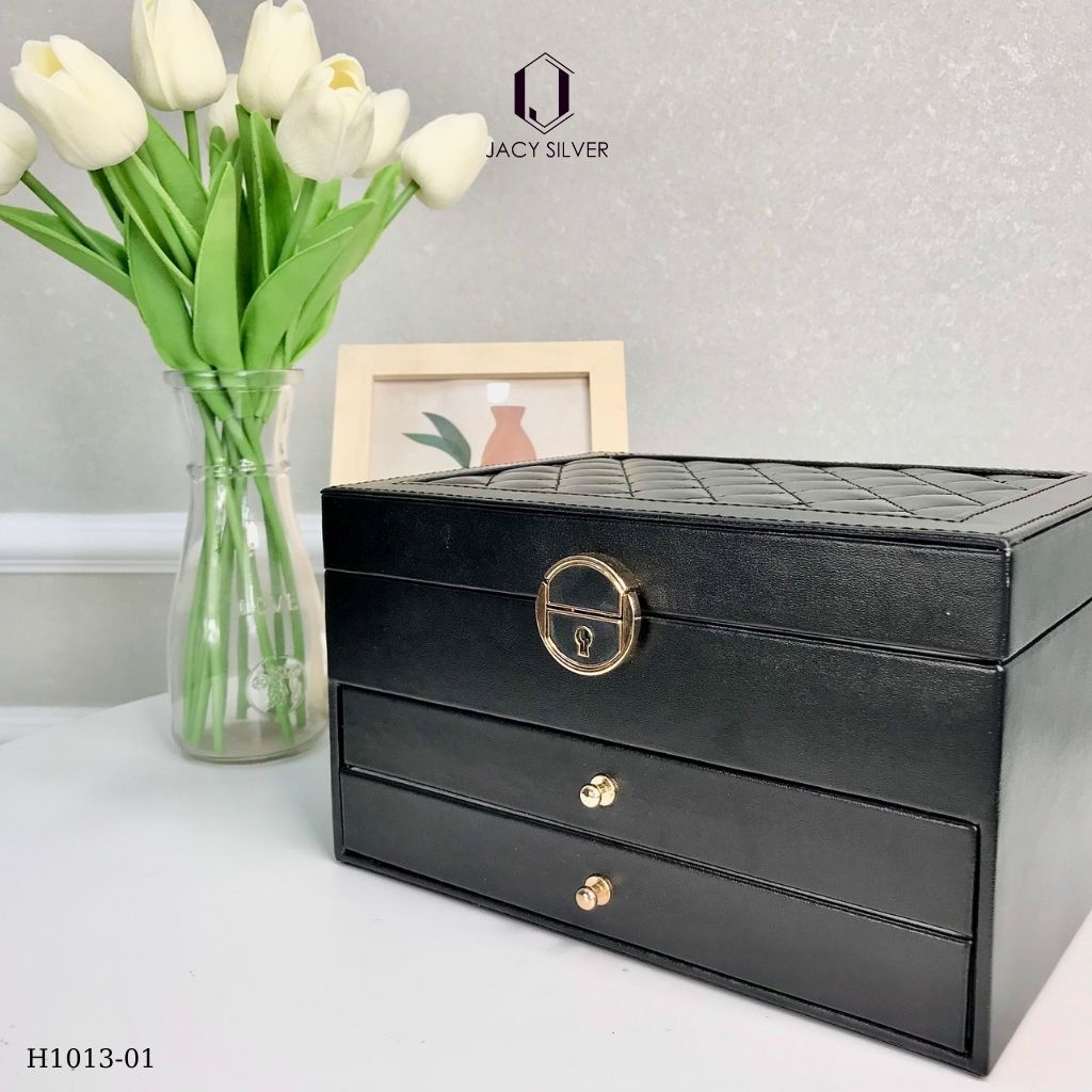 Hộp da đựng trang sức nắp trần chỉ trám cao cấp, hộp 3 tầng đựng dây chuyền, nhẫn, khuyên tai, lắc tay, đồng hồ H1013