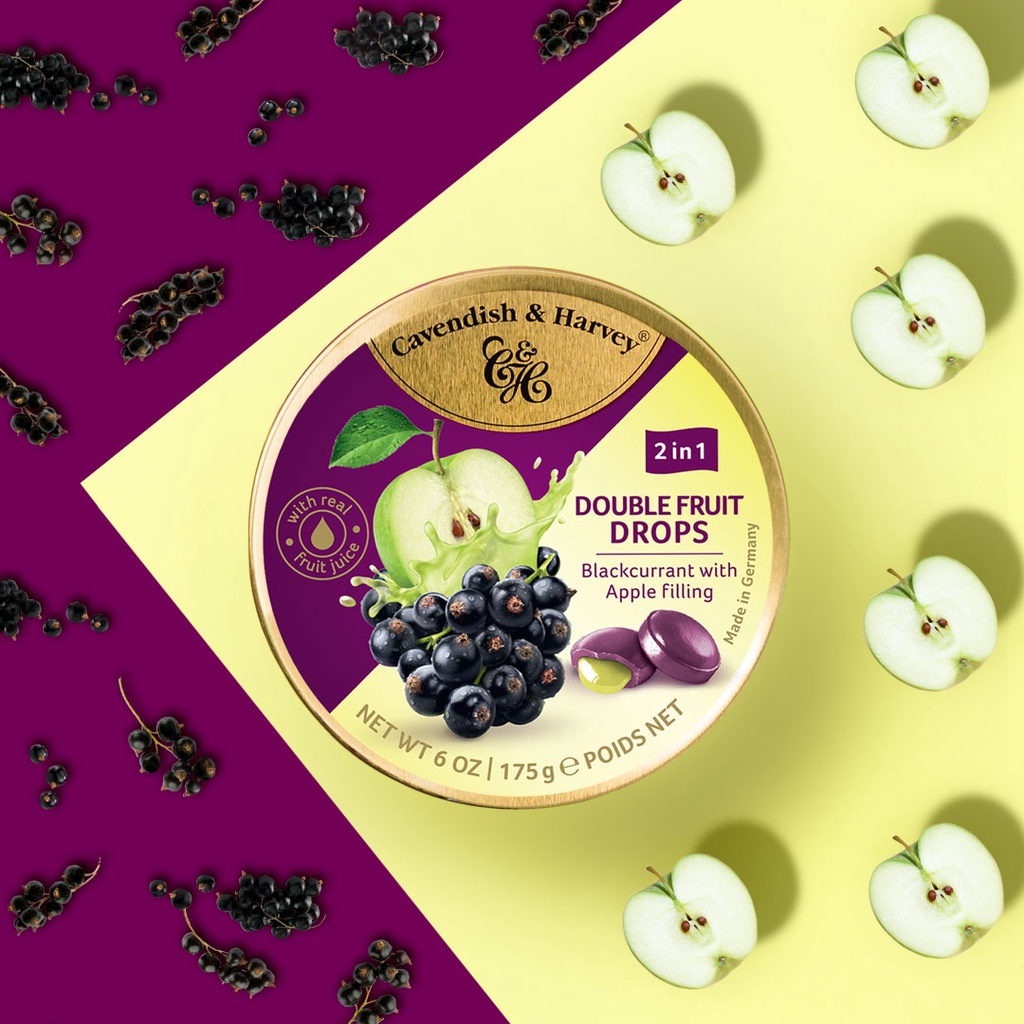 [Hộp thiếc 175g – Blackcurrant &amp; Apple] KẸO LÝ CHUA ĐEN NHÂN TÁO [Germany] CAVENDISH &amp; HARVEY Drops Filling (tbo)