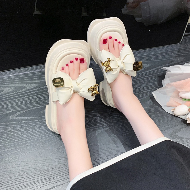 Dép nữ IELGY đế xuồng mũi vuông quai đính nơ chống trượt thời trang Hàn Quốc