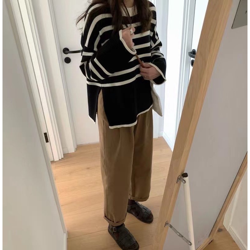Áo sweater tay dài dáng rộng họa tiết kẻ sọc thời trang dành cho nữ