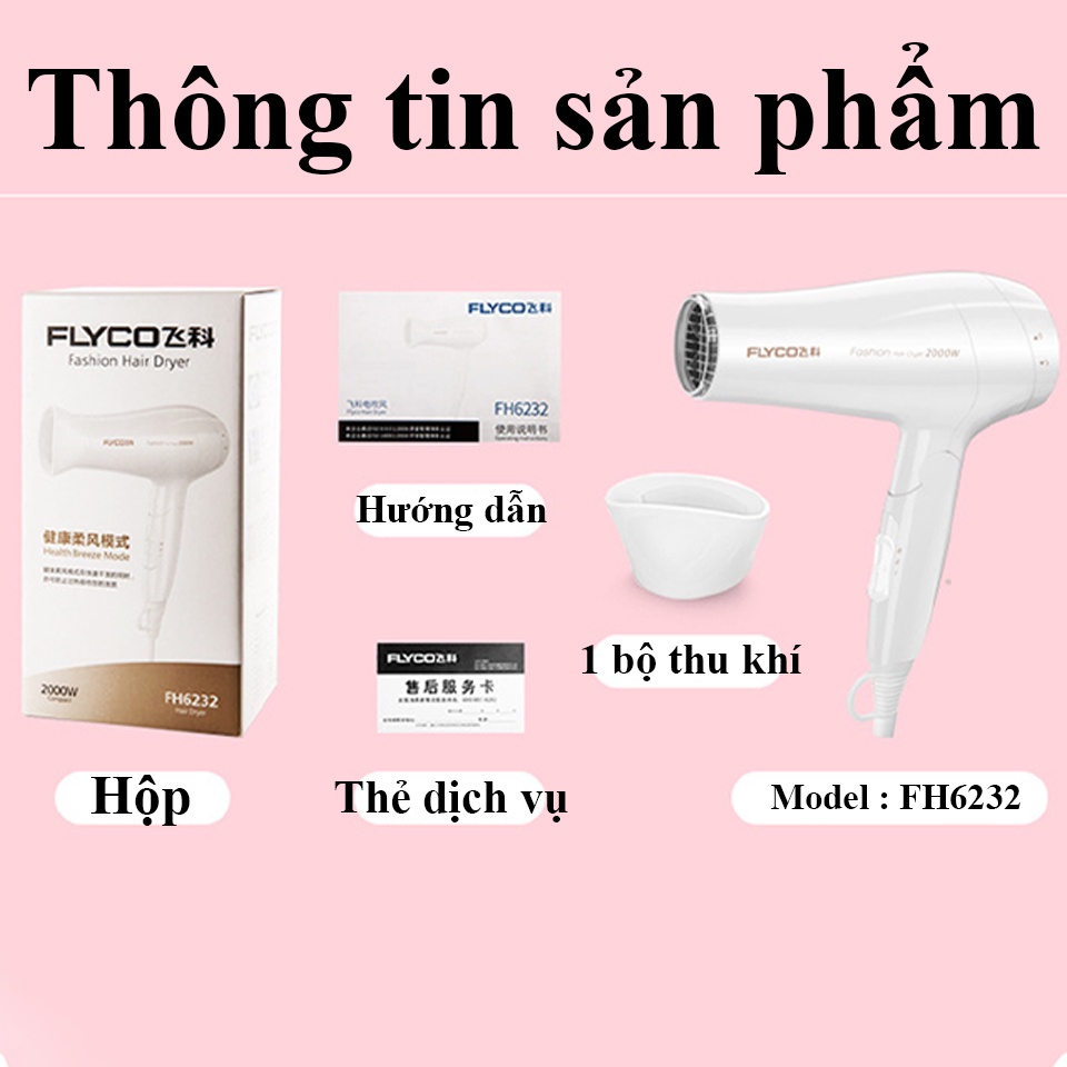 Máy sấy tóc Flyco FH6232, 2 Chiều Nóng Lạnh, Công suất 2000W lớn dùng cho salon tóc, Hộ gia đình