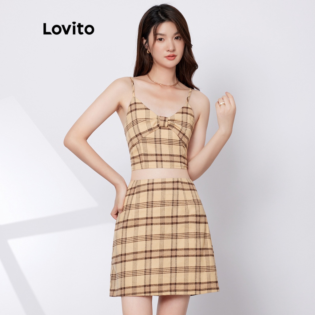 Bộ áo dây chân váy bút chì Lovito thường ngày kẻ sọc dây sợi mỏng cỗ chữ V thắt nơ L29AD086 (màu nâu)