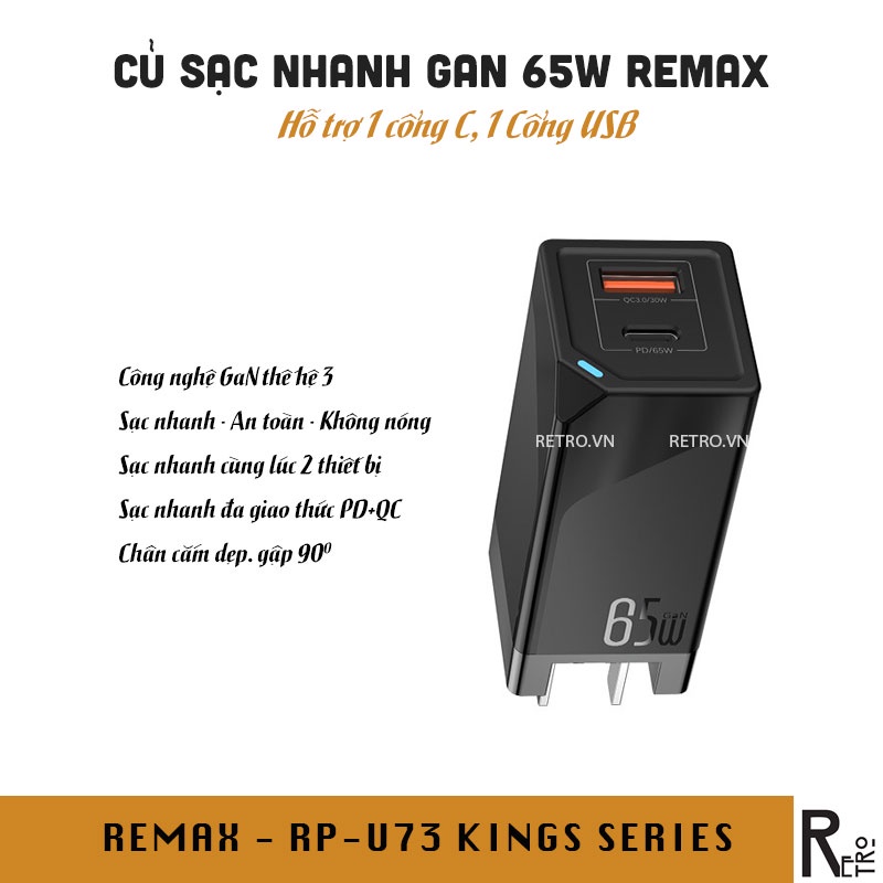 Củ Sạc Nhanh 65W GaN Remax RP-U73 Sạc Nhanh Cả 2 Cổng Type-C, USB |PD3.0, QC3.0 Cho Ma, iPa, iP