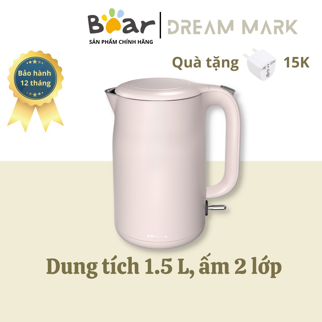 Ấm đun siêu tốc Bear ZDH-C15N1, dung tích 1.5 lít, 3 lớp, sử dụng inox 304 cao cấp