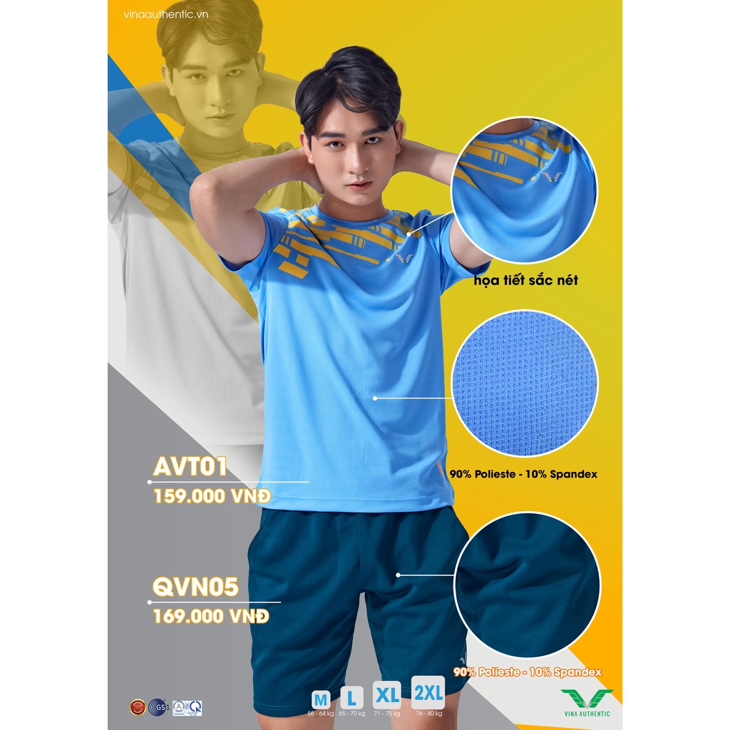 Áo Nam thể thao cầu lông Vina Authentic AVT01 Form thể thao , Mềm mịn , Không Ra Mầu , Không