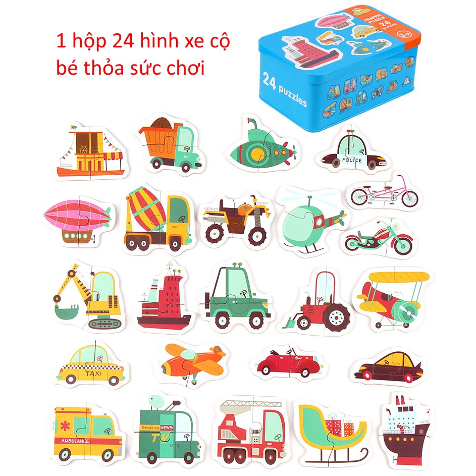 Xếp hình cho bé Puzzle 2 mảnh ghép 24 hình xe cộ hộp thiếc cho bé tập ghép ETOYS