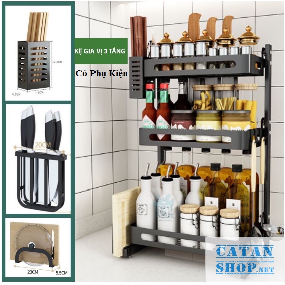 Kệ gia vị 3 Tầng phủ sơn tĩnh điện kèm phụ kiện đa chức năng, Kệ đựng đồ gia vị nhà bếp inox siêu tiện lợi, cao cấp