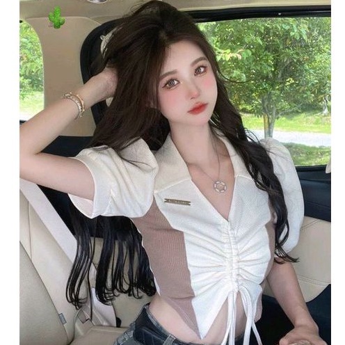 Áo thun kiểu croptop phối màu rút dây (B.c)