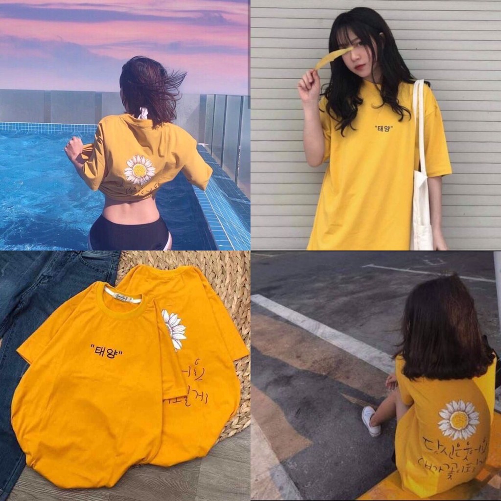 ÁO THUN IN BÔNG CÚC PHỐI CHỮ TAY LỠ FORM RỘNG