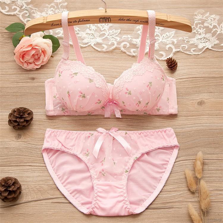 Bộ áo ngực + quần lót cotton có đệm nâng ngực phối ren quyến rũ cho nữ