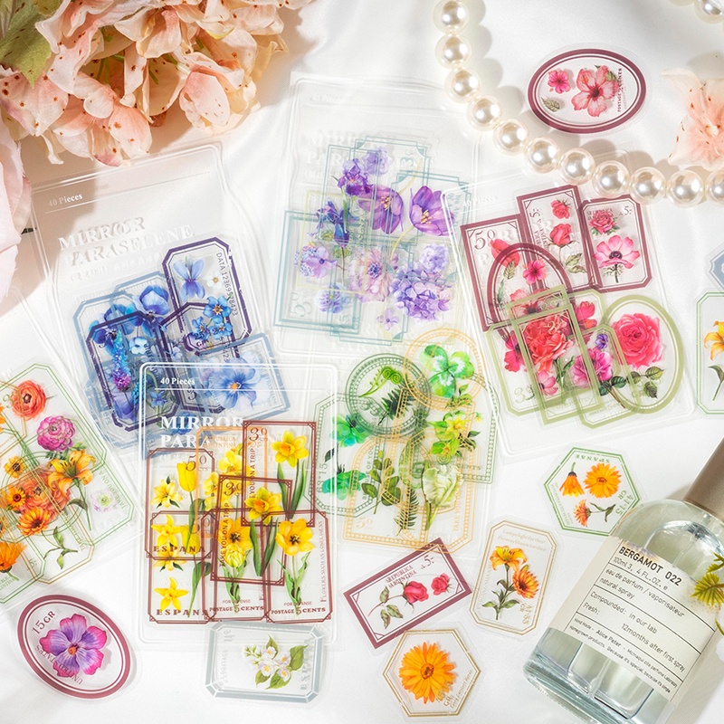 Set 40 Miếng Dán PET Trong Suốt Chống Thấm Nước Họa Tiết Hoa Xinh Xắn Dùng Trang Trí Sổ Tay DIY