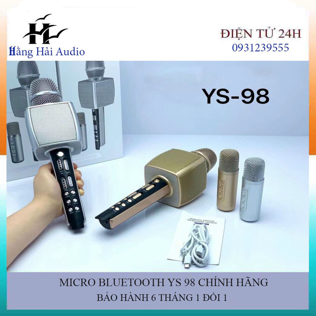 Micro karaoke YS98 cao cấp - Micro Bluetooth YS-98 tích hợp loa bass ,tres, Kèm thêm 1 micro để hát song ca