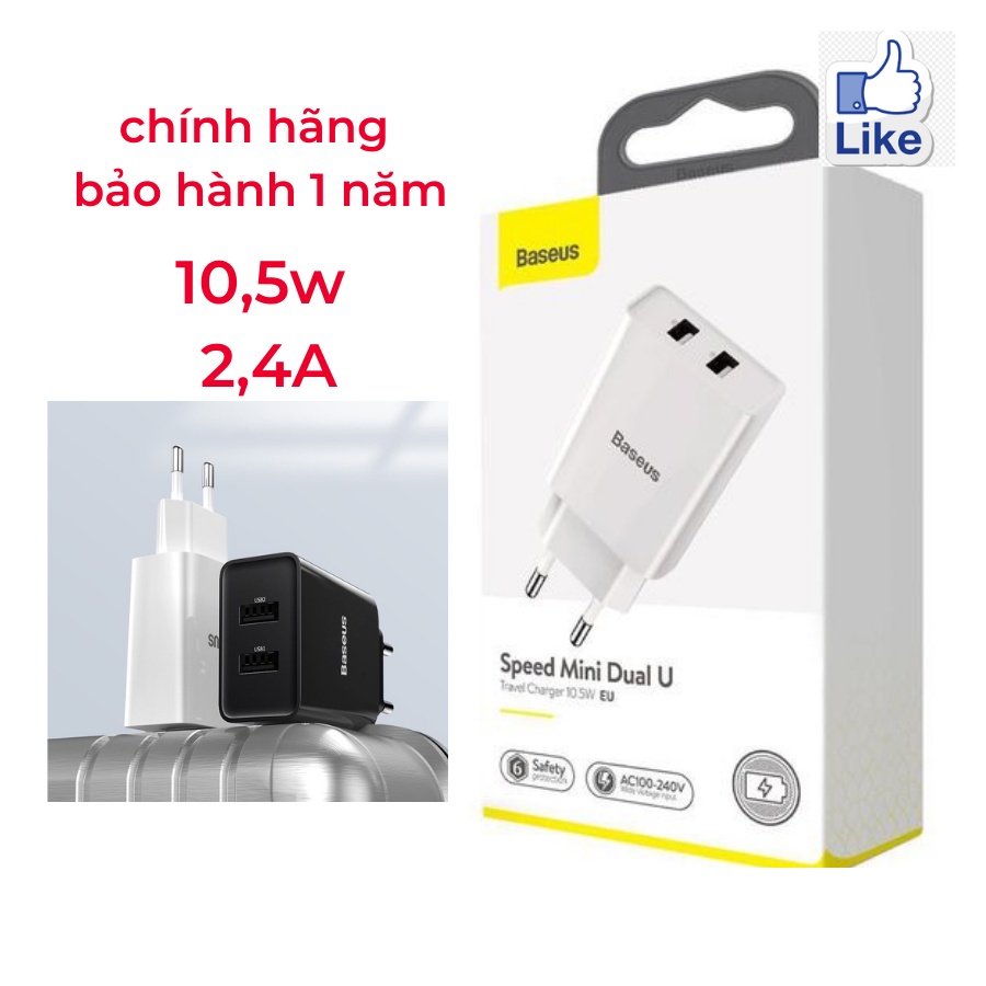 ⭐ CỦ(CỐC) SẠC NHANH BASEUS 2 CỔNG USB 10.5W ,5V, 2A cho iPhone Samsung Oppo Xiaomi
