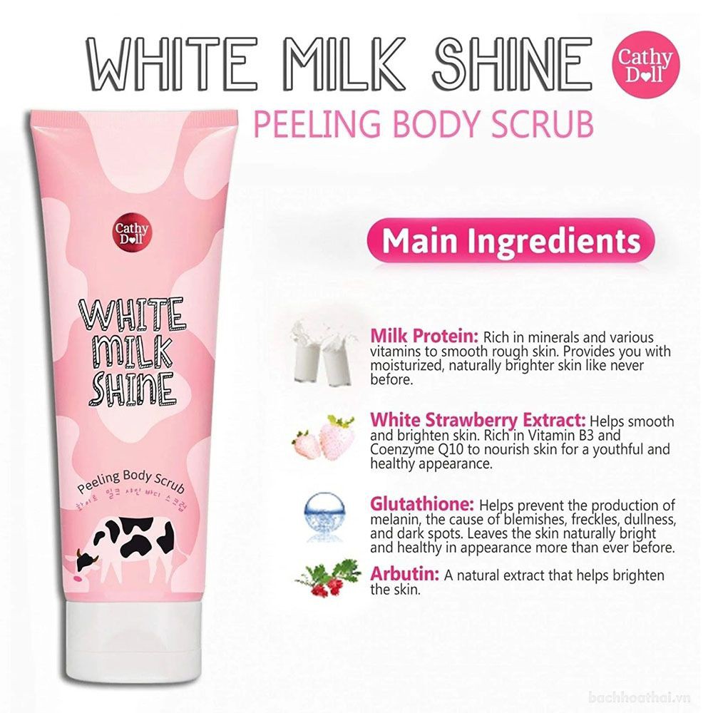 Tẩy Tế Bào Chết Toàn Thân Sữa Bò Cathy Doll White Milk Shine‎ Peeling Body Scrub Chính hãng Thái Lan 320ml