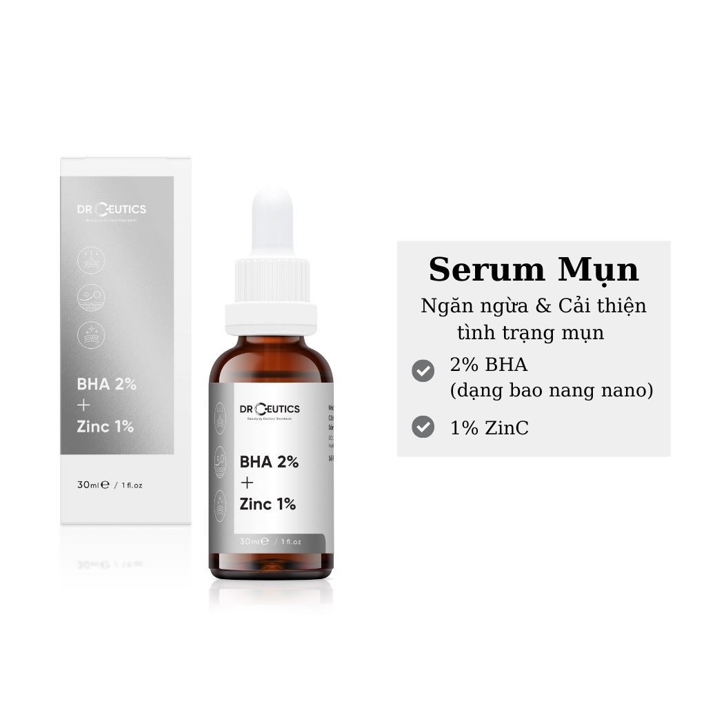 Serum Giảm Mụn BHA 2%  DrCeutics - Cải Thiện &amp; Ngừa Mụn; Giúp Kiềm Dầu, Thông Thoáng LCL - BHA 2% + Kẽm PCA 1%