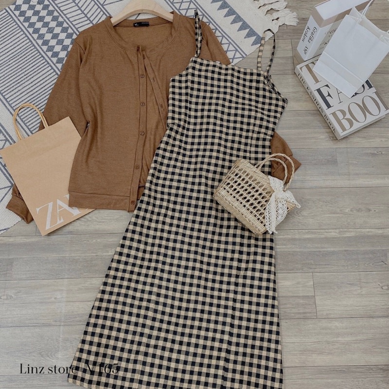 Váy hai dây kẻ nâu dáng dài kiểu dáng vintage Linzstore V165