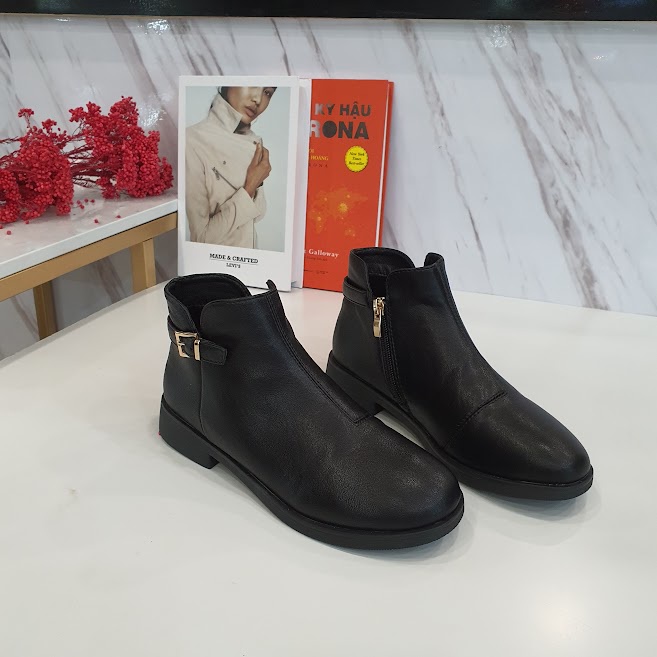 Giày boot nữ da mềm 2021 B SHOES, boot thấp cổ lót nỉ khóa kéo, mũi tròn, kiểu dáng hiện đại trẻ trung B19