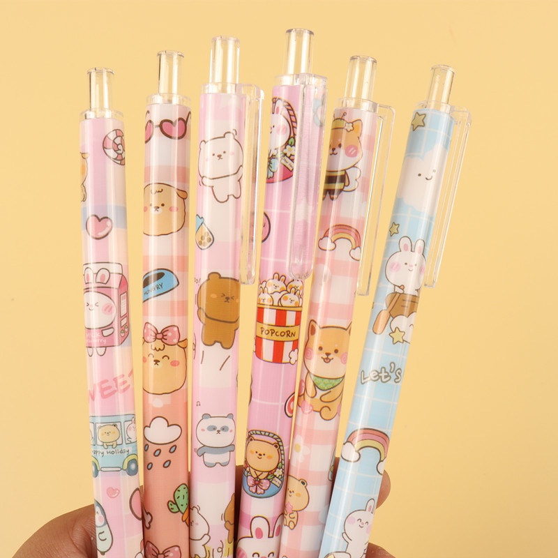 Set 6 Bút Mực Gel Ngòi 0.5 Mực Đen Hình Gấu Hoạt Hình Đáng Yêu