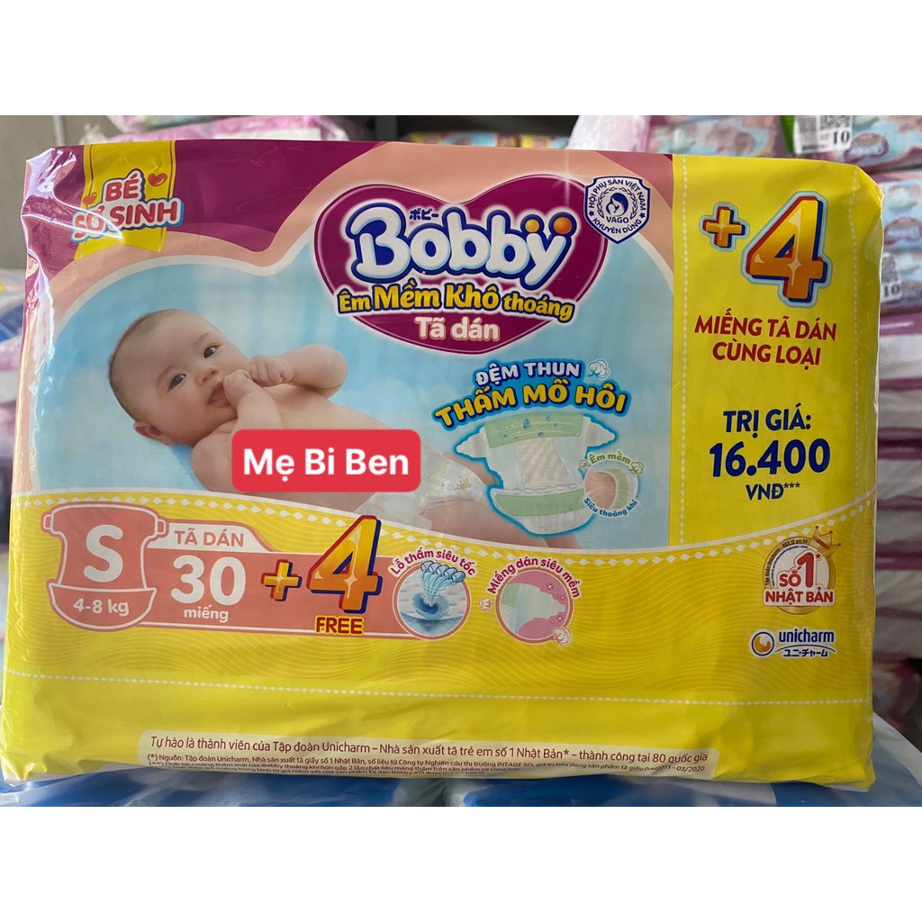 [MẪU MỚI S30+4] Tã Dán Bobby Every Đệm Thun Thấm Mồ Hôi Size S30 miếng cho bé 4-8kg