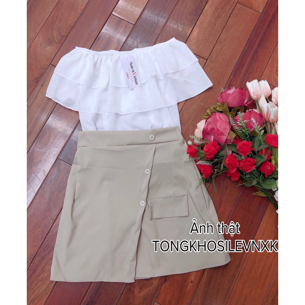 Set Chân Váy Chữ A + Áo Trễ Vai 2 Tầng Bèo - Chân Váy Vạt Chéo Đính Nút Mix Áo Bẹt Vai Trắng Be Nâu Cam
