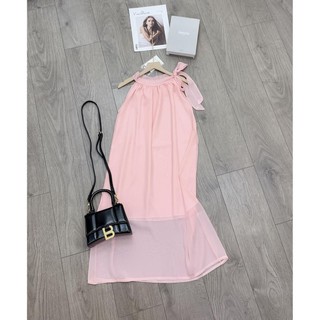 Ht41 váy tơ lụa đầm nữ hồng nơ lệch cổ dáng suông chất tơ xước siêu đẹp phom suông cực dễ mặc