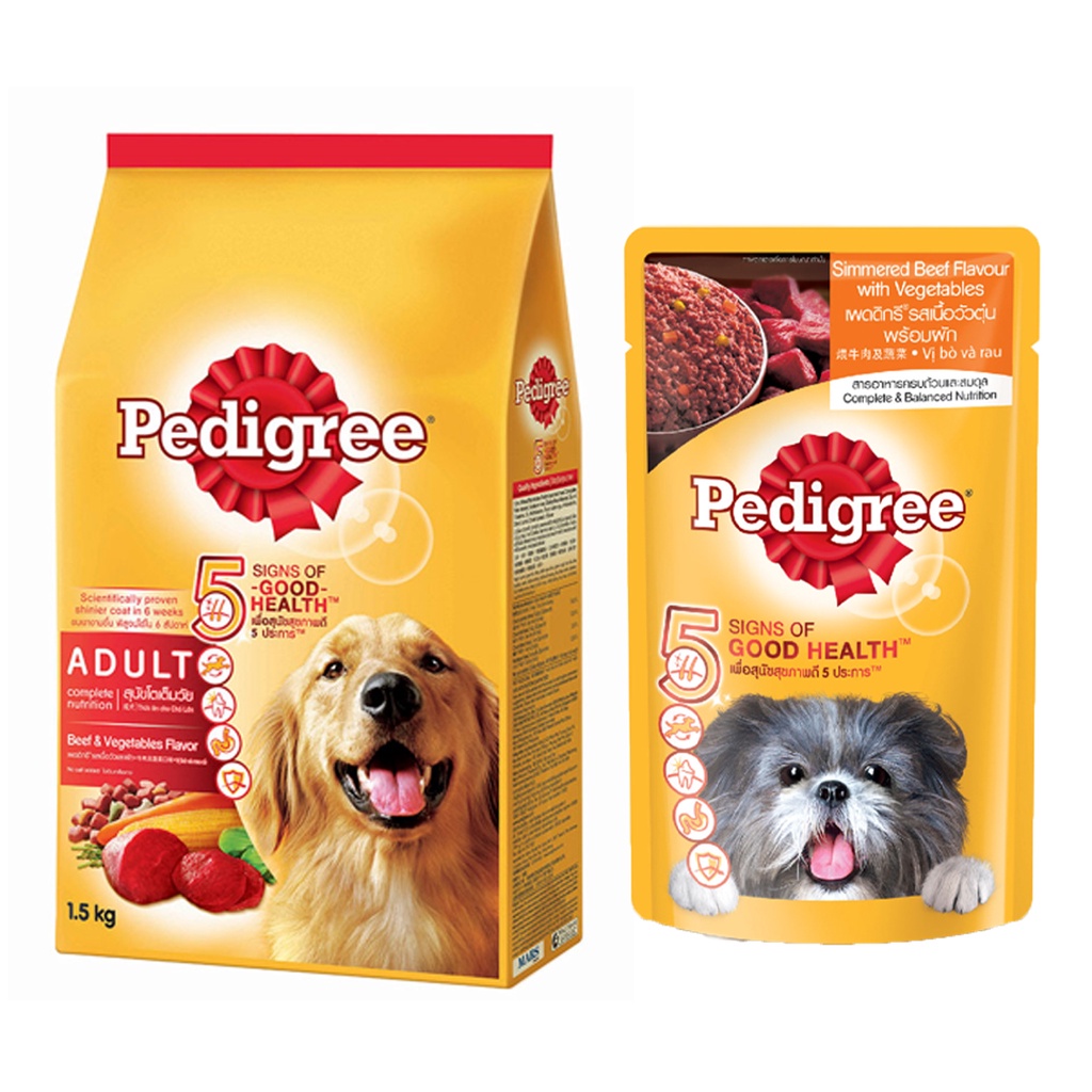 PEDIGREE® Bộ thức ăn cho chó lớn dạng hạt vị bò và rau củ 1.5kg + dạng sốt vị bò hầm và rau củ 130g (6 gói)