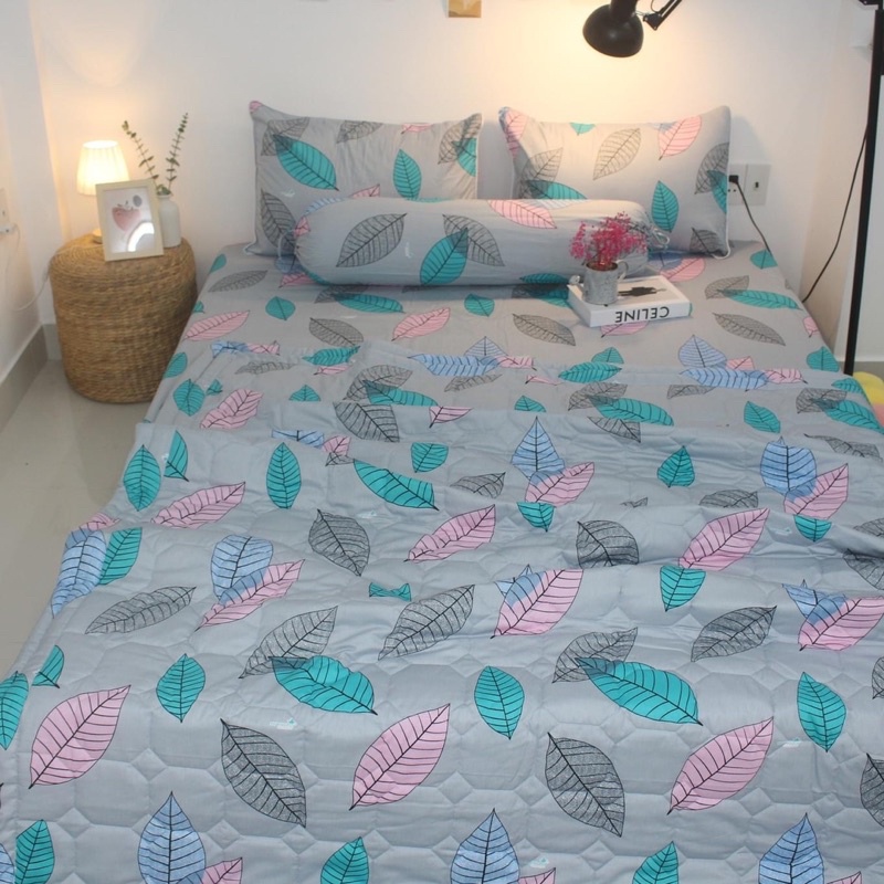 Drap Thắng Lợi, ga giường cotton 100% ( in logo) thoáng mát mẫu LÁ RƠI XÁM