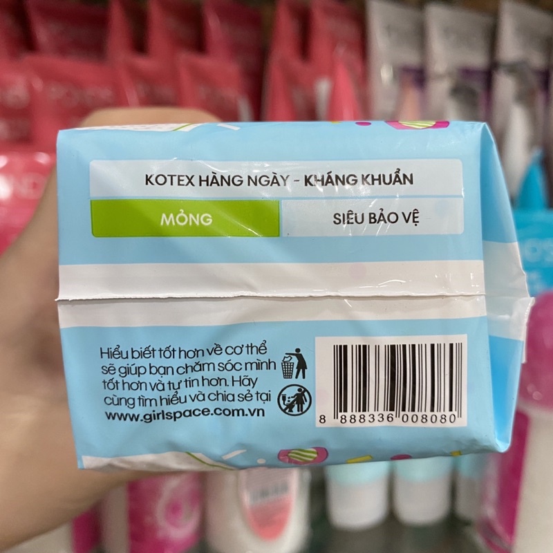Băng vệ sinh Kotex hằng ngày kháng khuẩn, mỏng, 20 miếng