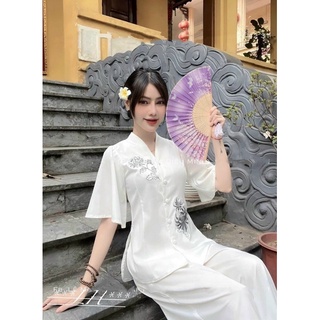 (SHOP nàng béo BIGSIZE 50kg đến 90kg ) set đồ đi chùa thêu hoa