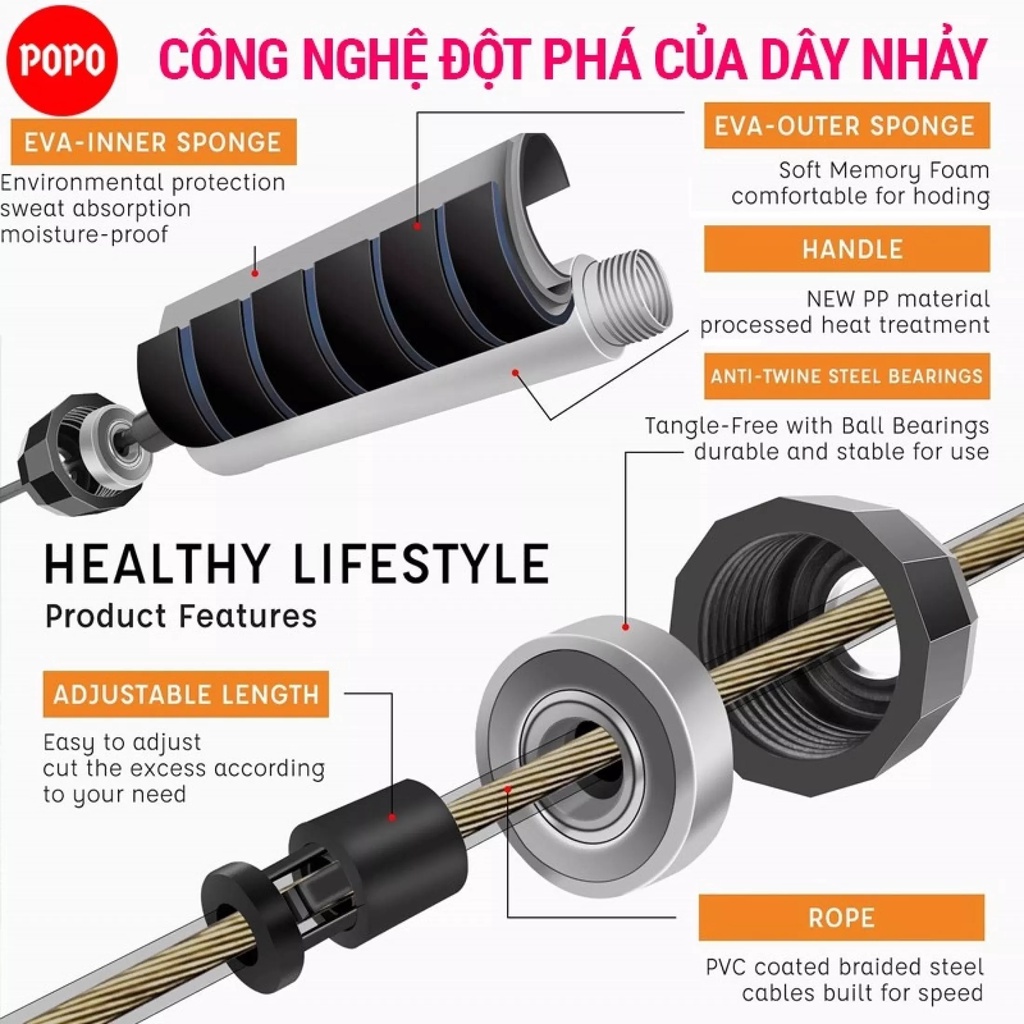 Dây Nhảy Thể Lực 3 Lớp Poly Cao Cấp Giảm cân Tích Hợp Tạ Cầm Tay 355g Chống Mòn, Chống Rối Dây nhảy Võ Thuật  Ailaikit