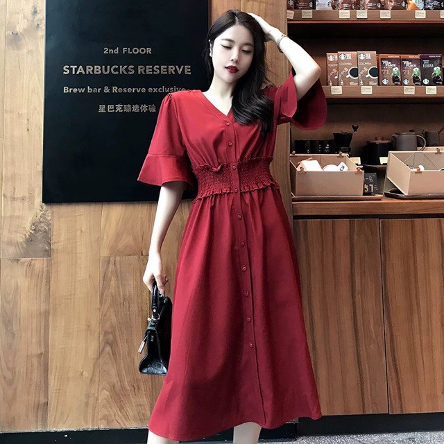 (Order) có bigsize Đầm cổ V chun eo dáng xoè dài cài cúc