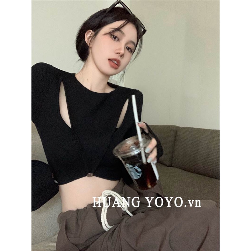 HUANG YOYO  Áo Lửng Nữ Dài Tay Cổ Tròn Thời Trang Hàn