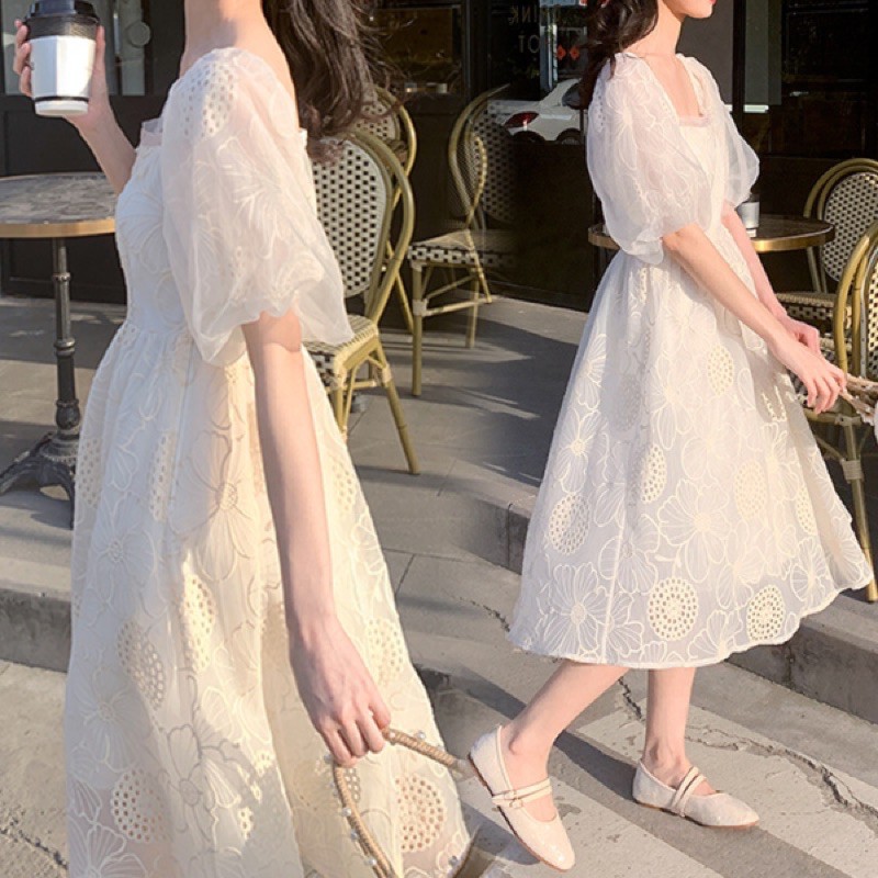 Đầm trắng công chúa cổ vuông tay phồng thời trang mới nhất