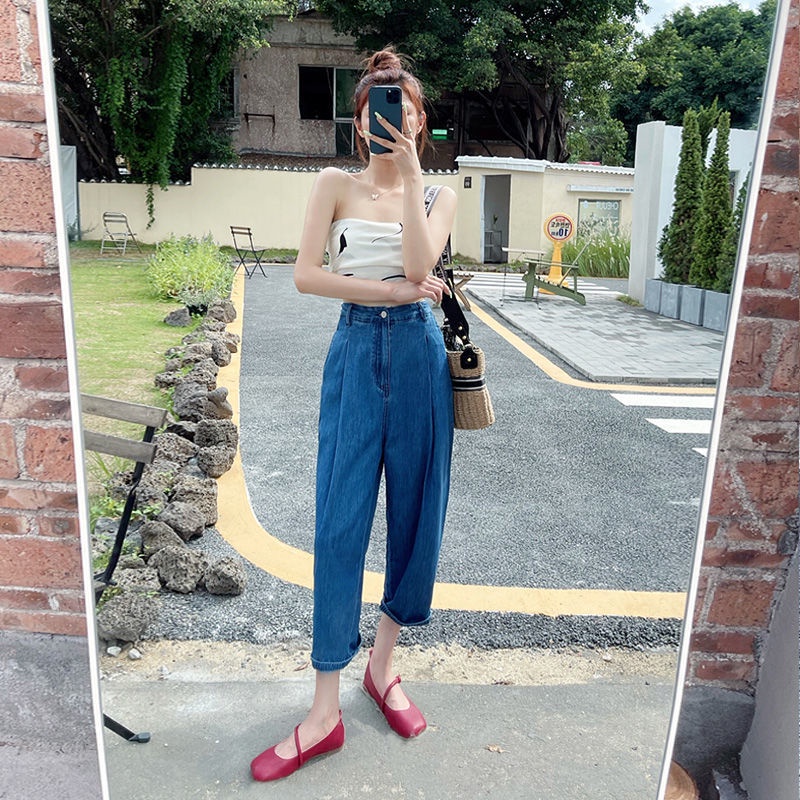 Quần Jean Ống Rộng Lưng Cao Phong Cách Hàn Quốc