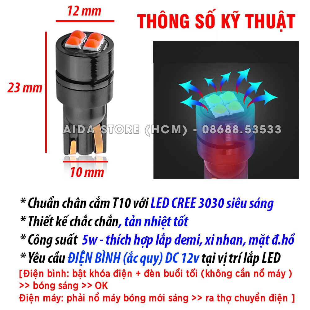 01 bóng đèn LED T10 4SMD CREE 3030 lắp mặt đồng hồ, demi, xi nhan - DC 12v