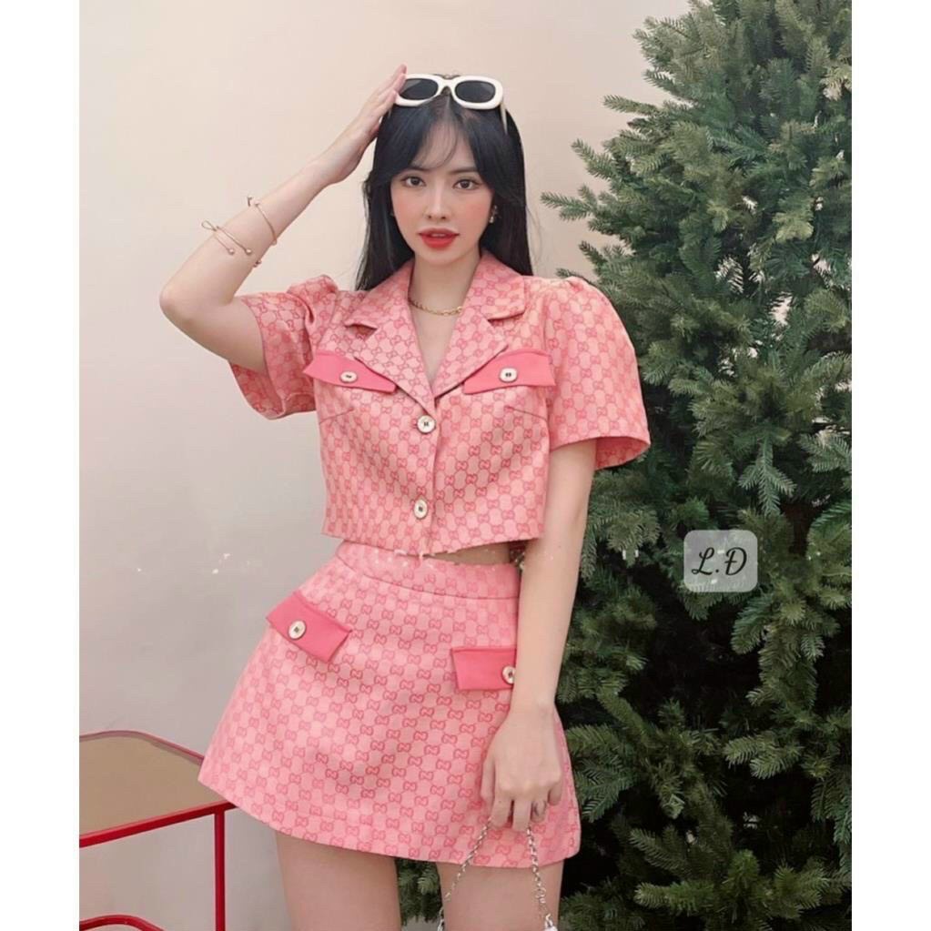 Đồ bộ nữ có croptop cài nút kèm chân váy 2 túi cài nút ca ro 4 màu cực đẹp cho cô nàng năng động na