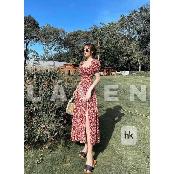 Váy Hoa Nhí Dáng Dài Nhún Vai Xẻ Tà Siêu Tôn Dáng