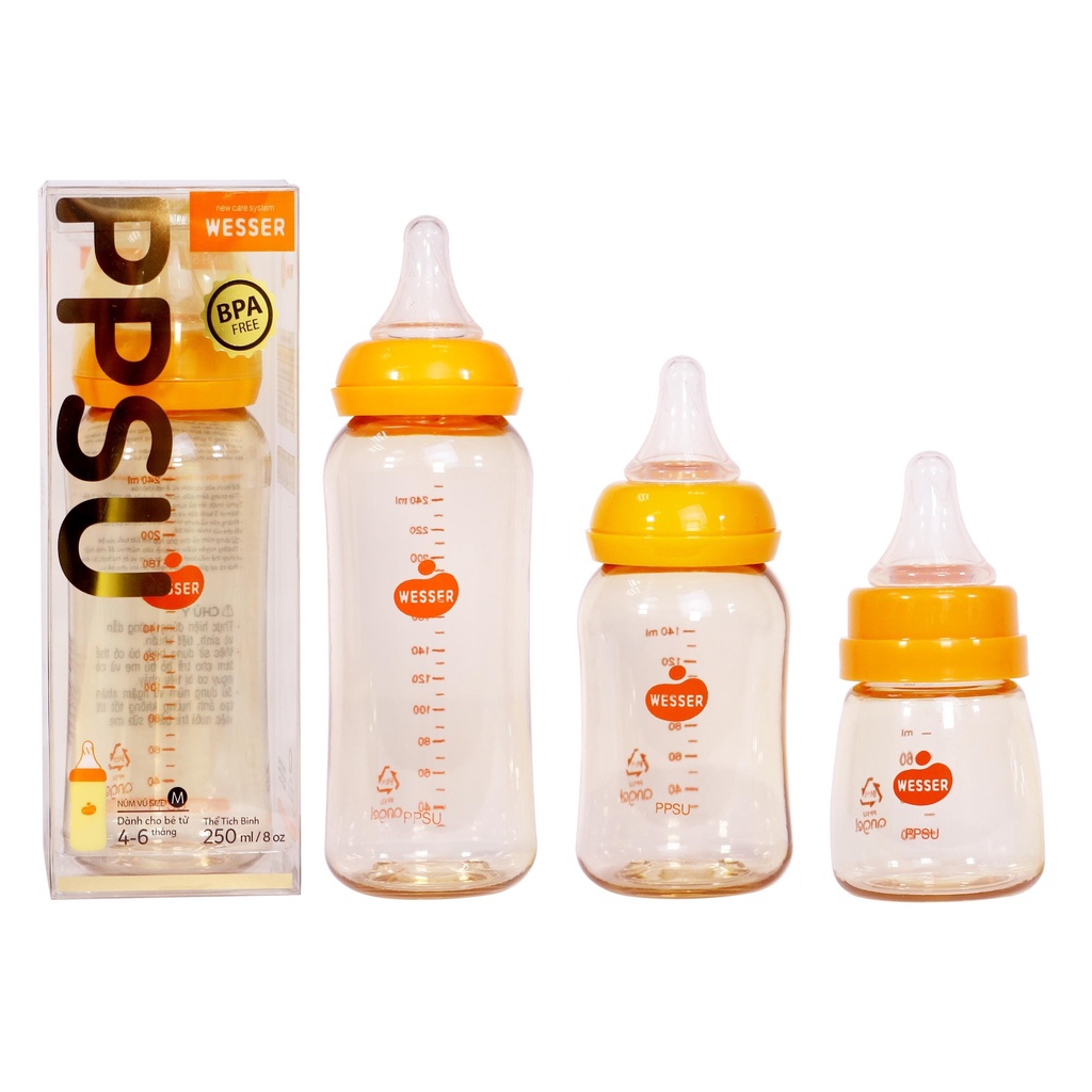 Bình Sữa Wesser PPSU Cổ Hẹp, Bình Sữa Cho Bé Sơ Sinh Dung Tích 60ml - 140ml - 250ml