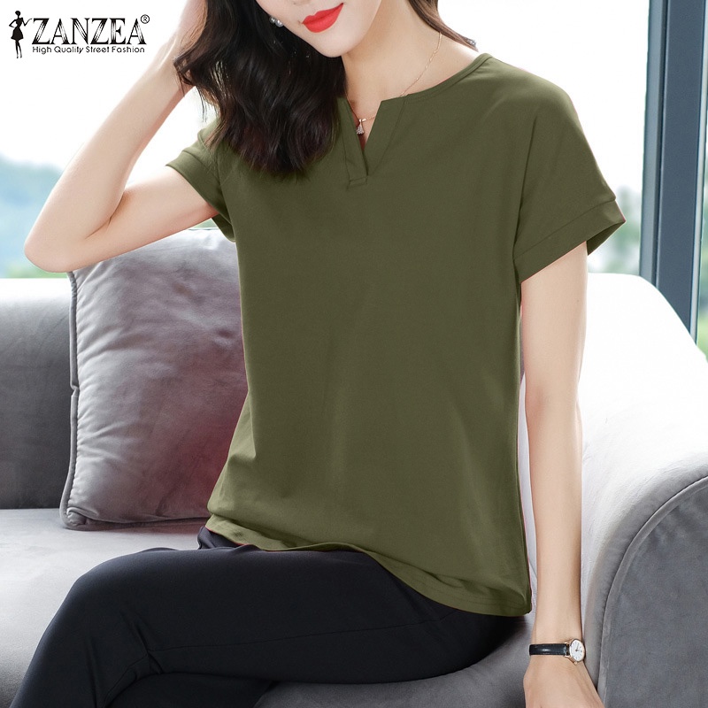 Áo thun Zanzea tay ngắn màu trơn xẻ tà kiểu dáng thời trang cho nữ