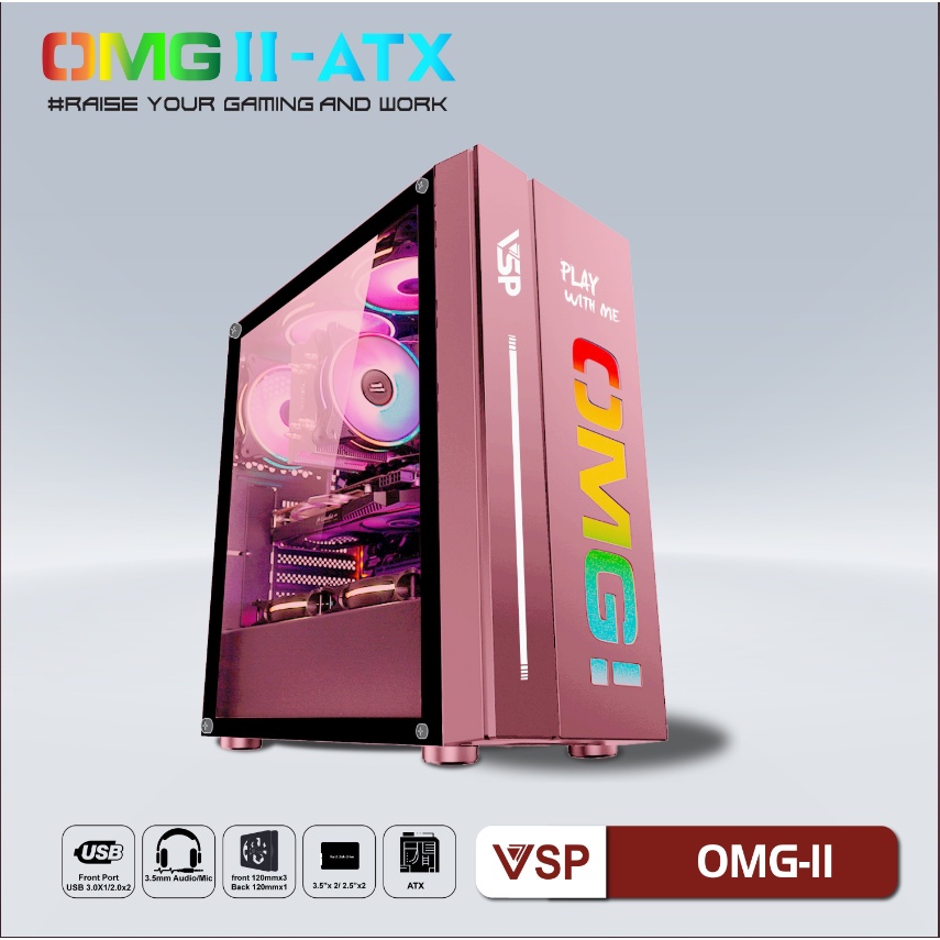 Case Gaming VSP OMG-II Mid Tower Pink ( Mặt trước Có sẳn LED RGB, Hông kính cường lực). VI TÍNH QUỐC DUY