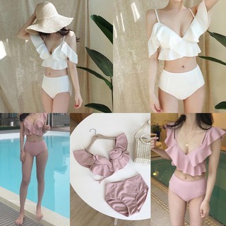 Bộ bơi bikini bèo xinh tay cánh tiên hồng - trắng
