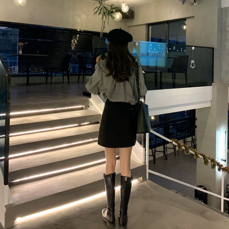 Áo sơ mi cổ búp bê kẻ sọc thời trang retro cho nữ