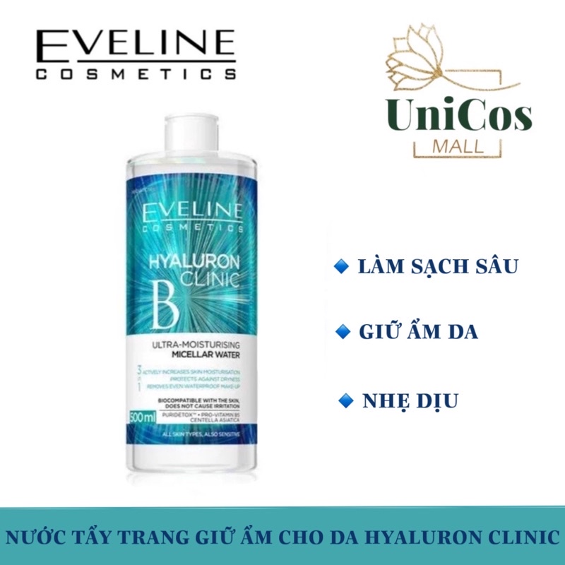 Nước Tẩy Trang Eveline Hyaluron Clinic B5 Và Tinh Chất Rau Má Làm Dịu, Dưỡng Ẩm Và Phục Hồi Da 500ML