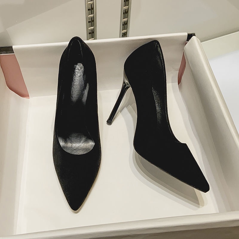 Giày Cao Gót Nữ Đen Da Lộn Mũi Nhọn Thời Trang Cao 5-9 Phân