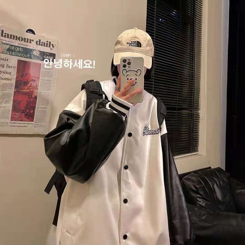 Áo khoác da bóng chày dáng rộng phong cách đường phố thời trang Hàn Quốc cho nam nữ