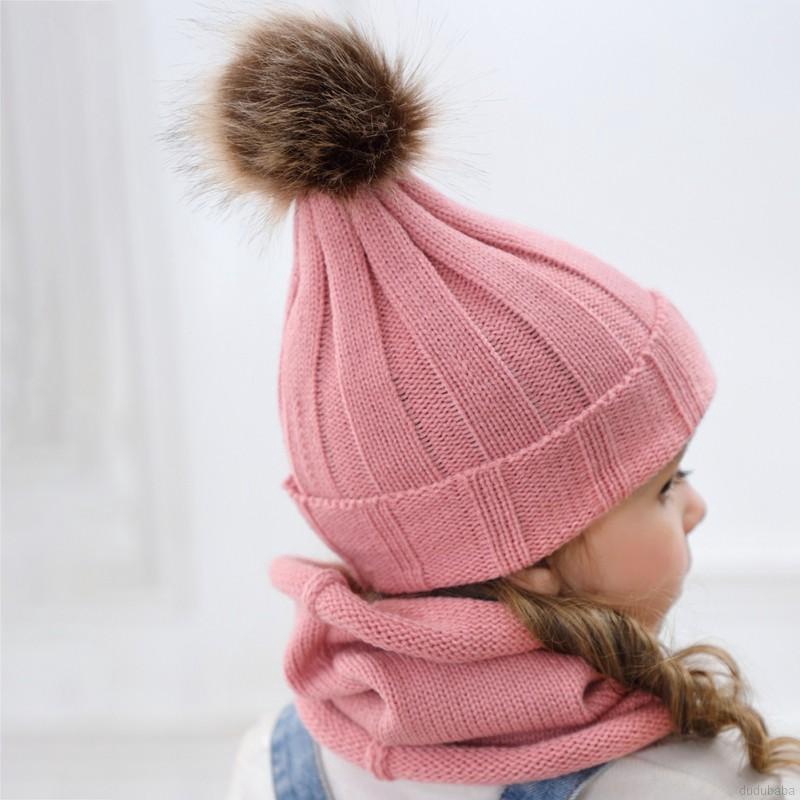 Set mũ len trùm đầu kèm khăn choàng cổ giữ ấm cho bé