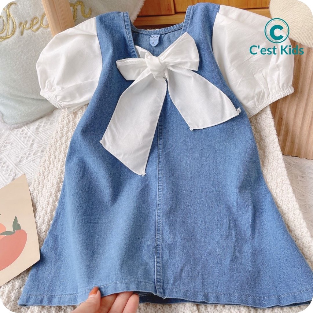 Váy bé gái, váy bò bé gái, váy jean phối tay phồng lên dáng xinh như công chúa Size nhí size trung size đại