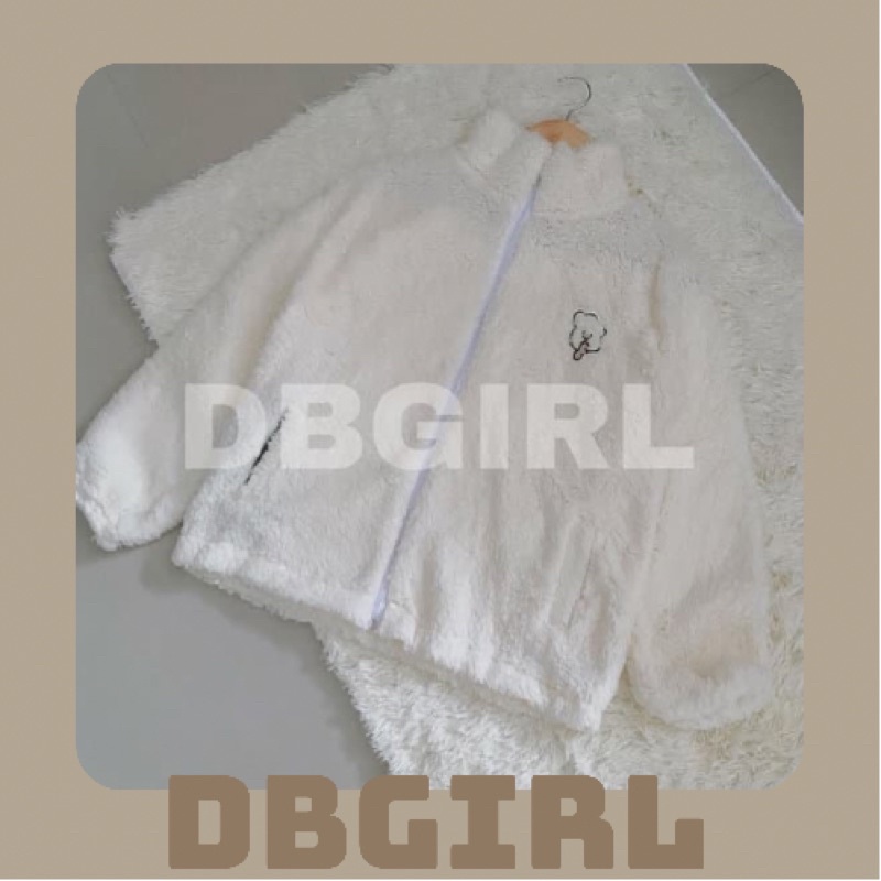 Áo khoác lông cừu thêu hình gấu cute màu trắng kem siêu xinh form oversize phong cách Hàn Quốc