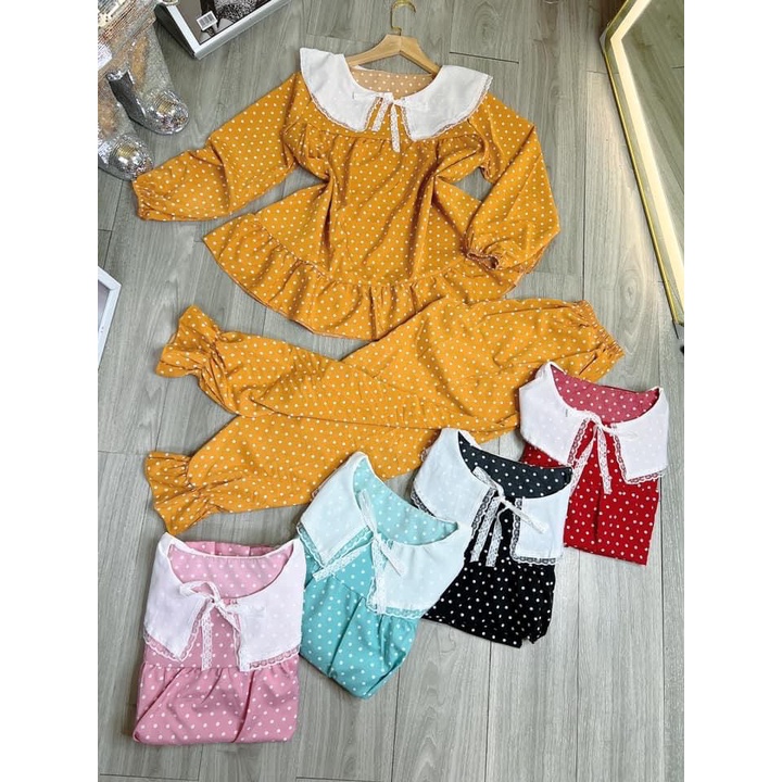 Bộ tiểu thư mặc nhà cho nữ áo cổ bèo, dài tay vải đẹp, dễ mặc, siêu xinh, nữ tính